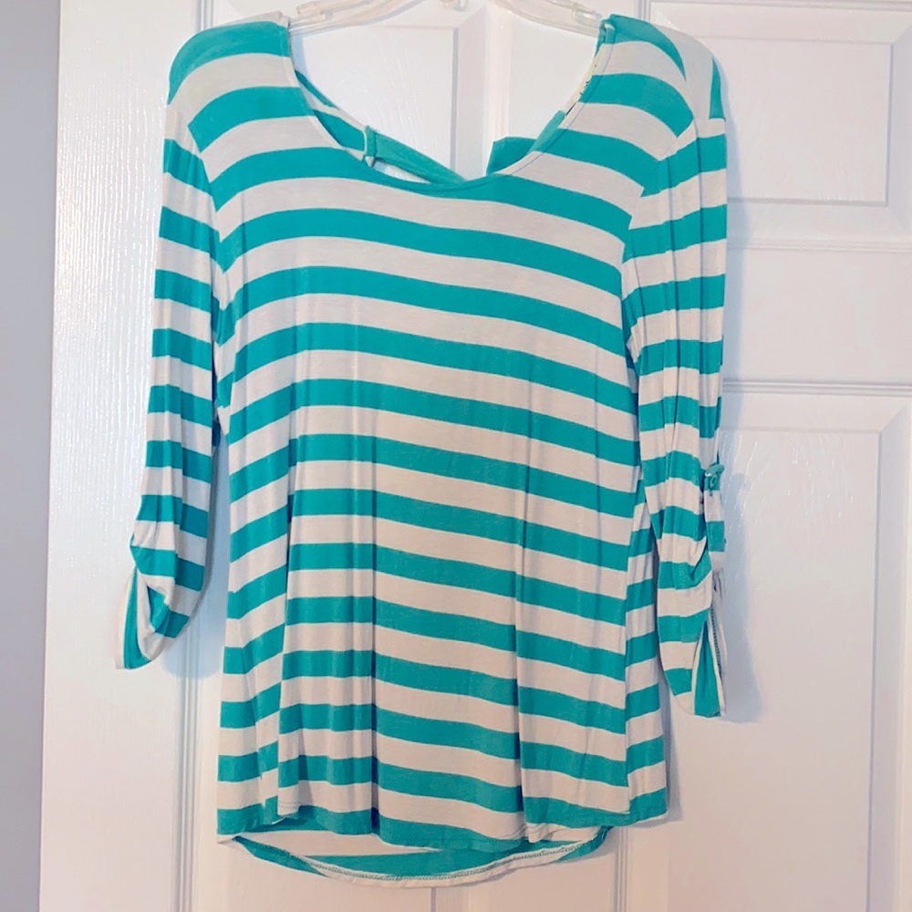 3/4 length sleeve striped bow tie back blouse